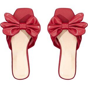 Women's Bow Red Square Open Toe Breathable Slip On Slide Sandals Flat Shoes